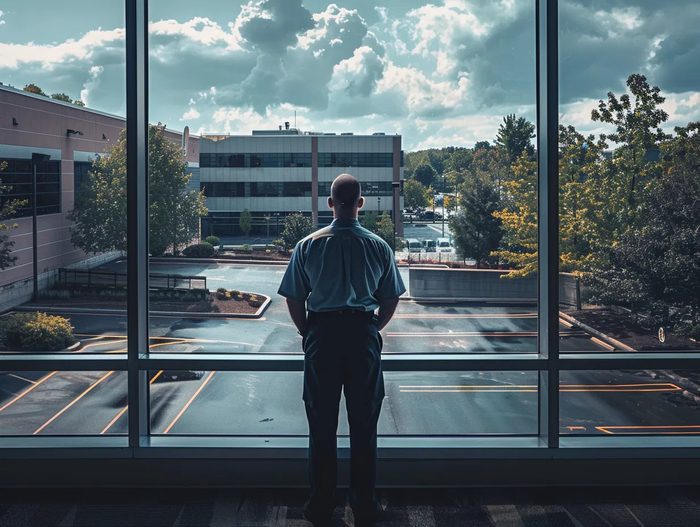 Security officer overlooking a commercial property