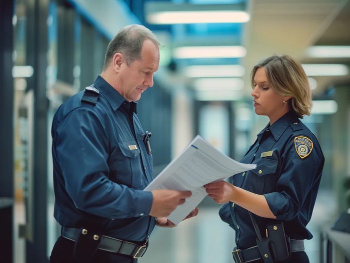 Supervisor reviewing paperwork with guard